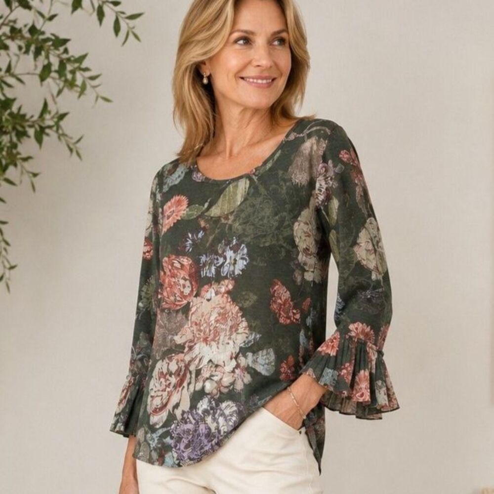 Chico's Forest Floral Ruffle Sleeve Top Womens M Olive Green Artsy Boho Cottage